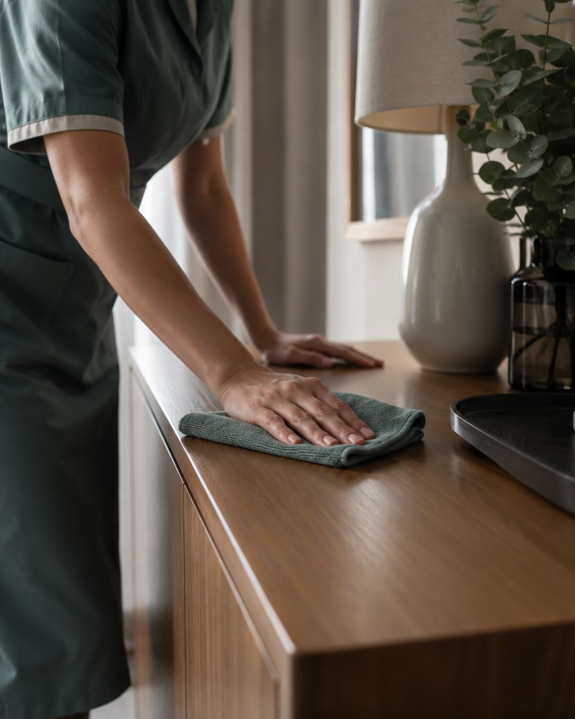 A cleaning professional wiping a wooden surface