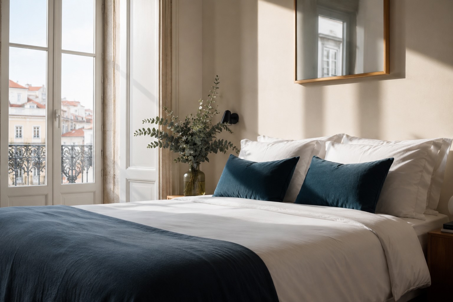 A freshly made bed in a sunlit Lisbon bedroom